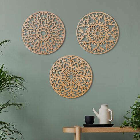 3 Piece Round Farmhouse Mandala Décor | Vintage Wood Wall Hanging Decor | Rustic Above Bed Wall Decor | Living Room & Bedroom Décor Asethetic | Zen Spiritual Wall Art | Modern Boho Wall Art in Saudi Arabia