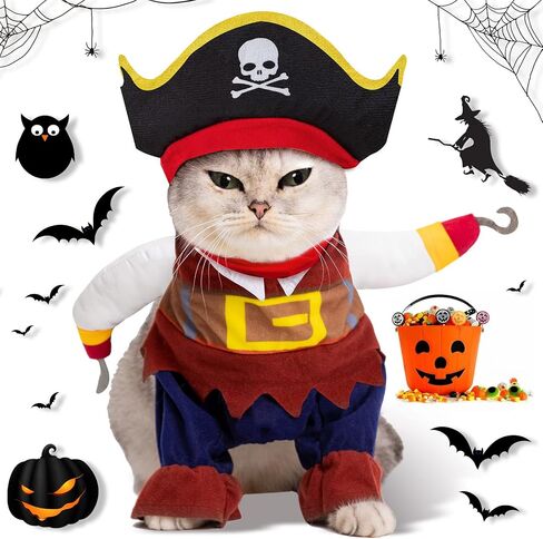 Funny Cat Pirate Costumes - Caribbean Style Pet Dressing up Cosplay Party Costume with Hat Small to Medium Dogs Cats Kitty Cute Fashion Prop Apparel for Halloween Christmas Party Accessories (S) in Saudi Arabia