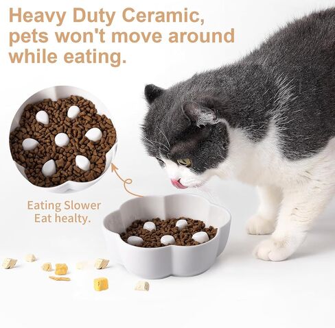 وعاء تغذية بطيء للقطط من السيراميك شديد التحمل، أطباق ضحلة وواسعة للقطط، طبق تغذية على شكل زهرة لطيفة وخالي من الإجهاد للقطط الصغيرة والحيوانات الأليفة الجافة والرطبة in Kuwait