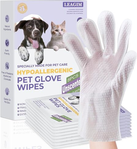 Pet Cleaning Glove Bathing Wipes for Dogs and Cats, Deodorizing No-Rinse Grooming Wipes for Paws, Body, and Butt, Perfect for Pet Dry Cleaning, Daily Care and Travel, Hypoallergenic, Unscented, 8 Pcs in Saudi Arabia