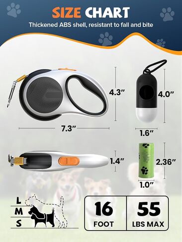مقود الكلب القابل للسحب مع مصباح يدوي LED، مقود الكلاب Douexio Upgrade 3 في 1 قابل للسحب للكلاب الصغيرة والمتوسطة التي يصل وزنها إلى 66 رطلاً، ومقبض مضاد للانزلاق (أسود وأبيض) in Kuwait