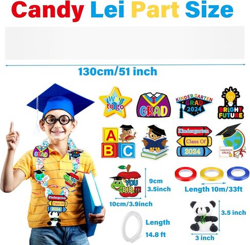 Candy Leis للتخرج 2024، 12 قطعة من أنابيب Candy Lei مقاس 2.8 × 51 بوصة مجموعة أدوات صنع حلوى التخرج مع شريطين ملونين شبكة حلوى Lei لهدايا حفلات التخرج في رياض الأطفال in Kuwait
