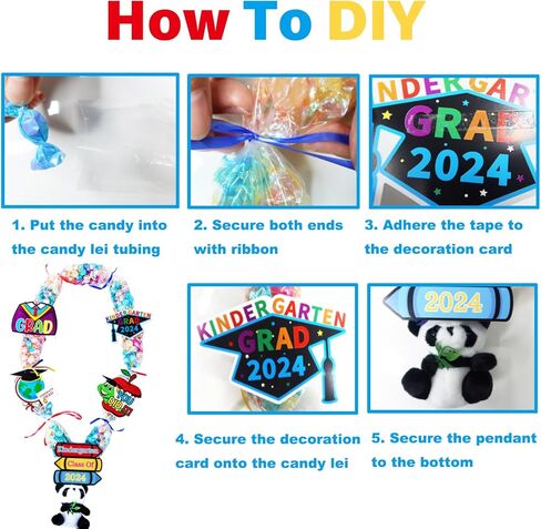Candy Leis للتخرج 2024، 12 قطعة من أنابيب Candy Lei مقاس 2.8 × 51 بوصة مجموعة أدوات صنع حلوى التخرج مع شريطين ملونين شبكة حلوى Lei لهدايا حفلات التخرج في رياض الأطفال in Kuwait
