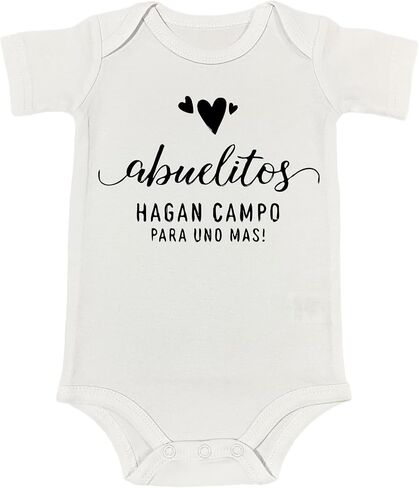 Abuelos Hagan Campo Para Una Mas Baby Romper Hola Abuelos Anuncio De Bebé Spanish Pregnancy Announcement Bodysuit (0-6 Months, Uno Mas Print-Short Sleeve Romper) in Saudi Arabia