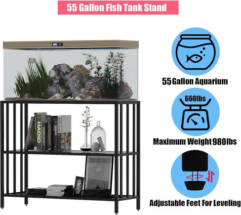 Fish Tank Stand with Metal Shelves, 55 Gallon Aquarium Stand Heavy Duty Turtle Tank Terrariums Tank Breeder Reptile Tank Stand for Home Office, 48.4" x 14.9" x 29.5" (Black) in Saudi Arabia