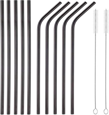 10 Pack Reusable Stainless Steel Metal Straws,10.5" Long Black Straw for 30oz and 20oz Glasses，Dishwasher-Safe Metal Straw，Comes With 2 Straw Cleaning Brushes in Saudi Arabia