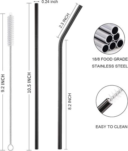 10 Pack Reusable Stainless Steel Metal Straws,10.5" Long Black Straw for 30oz and 20oz Glasses，Dishwasher-Safe Metal Straw，Comes With 2 Straw Cleaning Brushes in Saudi Arabia