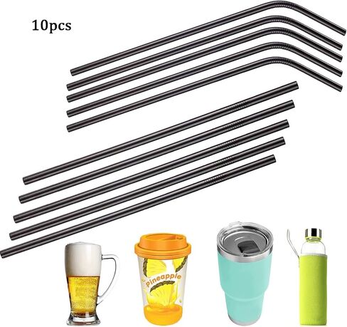 10 Pack Reusable Stainless Steel Metal Straws,10.5" Long Black Straw for 30oz and 20oz Glasses，Dishwasher-Safe Metal Straw，Comes With 2 Straw Cleaning Brushes in Saudi Arabia