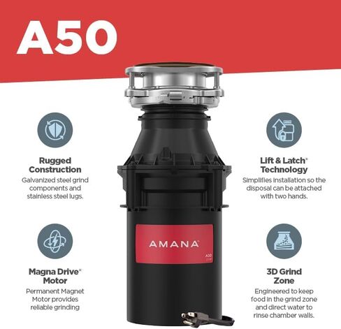 Amana A50 W/C Kitchen Garbage, 1/2 HP Motor Continuous Feed Food Waste Disposer, Black in Saudi Arabia