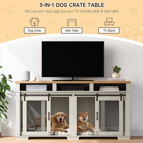 Dog Crate Furniture, 71" Heavy Duty Dog Kennel with 3 Storage Cubby for 2 Dogs, Versatile Dog House with Removable Divider and 2 Sliding Barn Door for Large Dog, White/Light Oak in Saudi Arabia