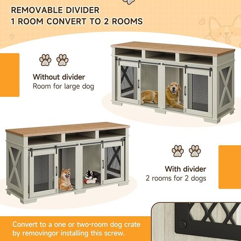 Dog Crate Furniture, 71" Heavy Duty Dog Kennel with 3 Storage Cubby for 2 Dogs, Versatile Dog House with Removable Divider and 2 Sliding Barn Door for Large Dog, White/Light Oak in Saudi Arabia
