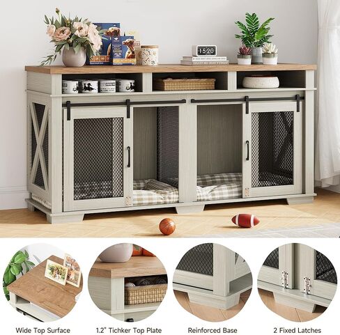 Dog Crate Furniture, 71" Heavy Duty Dog Kennel with 3 Storage Cubby for 2 Dogs, Versatile Dog House with Removable Divider and 2 Sliding Barn Door for Large Dog, White/Light Oak in Saudi Arabia