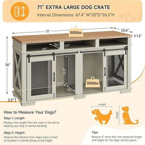 Dog Crate Furniture, 71" Heavy Duty Dog Kennel with 3 Storage Cubby for 2 Dogs, Versatile Dog House with Removable Divider and 2 Sliding Barn Door for Large Dog, White/Light Oak in Saudi Arabia
