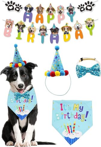 Agirlvct Dog Birthday Party Supplies, Boy Dog Puppy Theme Birthday Decorations,Dog Birthday Hat/Bow Tie/Bandana/Banner for Small Medium Large Dog(Blue) in Saudi Arabia