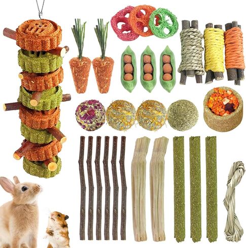 29PCS Bunny Chew Toys,Natural Timothy Hay Carrot Hamster Natural Treats and Chew Accessories for Rabbit Bunny Guinea Pig Hamster Gerbil and Other Small Animals Molar Snacks in Saudi Arabia