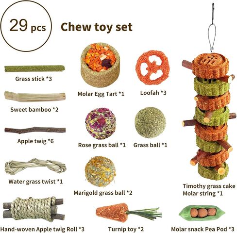29PCS Bunny Chew Toys,Natural Timothy Hay Carrot Hamster Natural Treats and Chew Accessories for Rabbit Bunny Guinea Pig Hamster Gerbil and Other Small Animals Molar Snacks in Saudi Arabia