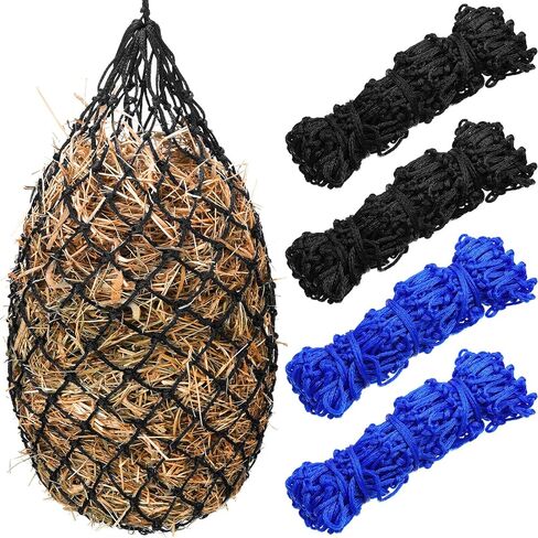 Tudomro 4 Pcs Hay Net Slow Feeder Hay Nets for Horses 35 Inch Hanging Hay Feeder Hay Bag for Horses Small 2 x 2" Holes Feeding Net Travel Feeder for Trailer and Stall, Simulates Grazing(Black, Blue) in Saudi Arabia