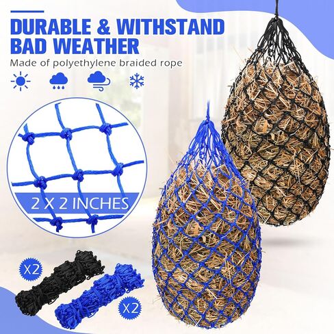 Tudomro 4 Pcs Hay Net Slow Feeder Hay Nets for Horses 35 Inch Hanging Hay Feeder Hay Bag for Horses Small 2 x 2" Holes Feeding Net Travel Feeder for Trailer and Stall, Simulates Grazing(Black, Blue) in Saudi Arabia