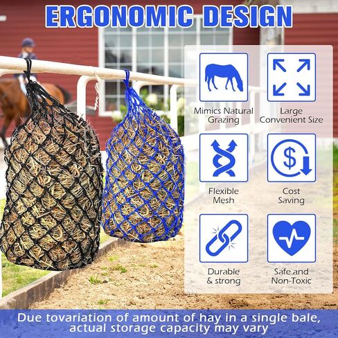 Tudomro 4 Pcs Hay Net Slow Feeder Hay Nets for Horses 35 Inch Hanging Hay Feeder Hay Bag for Horses Small 2 x 2" Holes Feeding Net Travel Feeder for Trailer and Stall, Simulates Grazing(Black, Blue) in Saudi Arabia