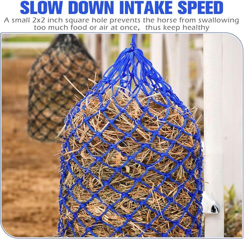 Tudomro 4 Pcs Hay Net Slow Feeder Hay Nets for Horses 35 Inch Hanging Hay Feeder Hay Bag for Horses Small 2 x 2" Holes Feeding Net Travel Feeder for Trailer and Stall, Simulates Grazing(Black, Blue) in Saudi Arabia
