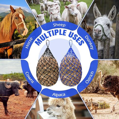 Tudomro 4 Pcs Hay Net Slow Feeder Hay Nets for Horses 35 Inch Hanging Hay Feeder Hay Bag for Horses Small 2 x 2" Holes Feeding Net Travel Feeder for Trailer and Stall, Simulates Grazing(Black, Blue) in Saudi Arabia