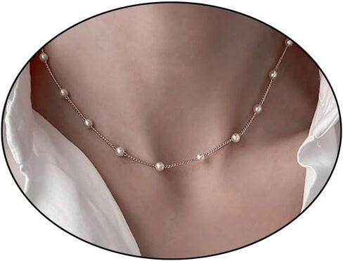 Gold Pearl Necklace,Dainty Layered Gold Necklaces Prom Pearl Choker Necklace Handmade Tiny Pearl Y-Necklace Necklaces for Women Pearl Jewelry for Wedding Bridal Birthday Gift (I) in Saudi Arabia
