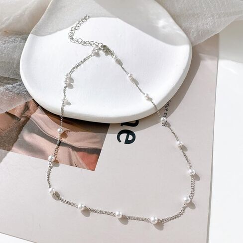 Gold Pearl Necklace,Dainty Layered Gold Necklaces Prom Pearl Choker Necklace Handmade Tiny Pearl Y-Necklace Necklaces for Women Pearl Jewelry for Wedding Bridal Birthday Gift (I) in Saudi Arabia