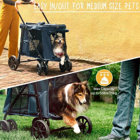 4 Wheels Pet Stroller for Small/Medium Dogs- One Button Fold, Adjustable Mesh Windows and Shades, 360° Swivel Front Wheels and Rear Wheel Brake in Saudi Arabia