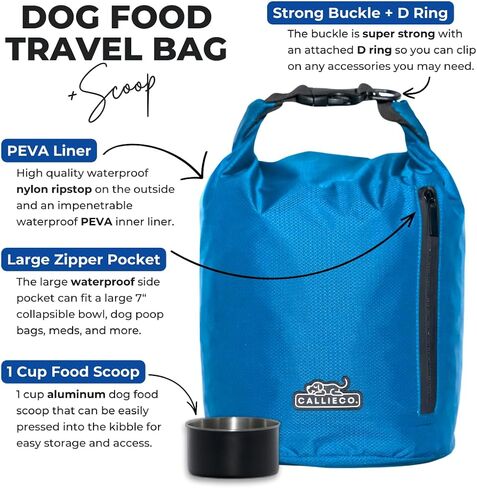 Dog Food Travel Bag w/ 1 Cup Scoop and Zipper Side Pocket | Waterproof Kibble Storage Container for Home, Road Trips, Camping, Boarding and More (Blue, 32 Cups) in Kuwait