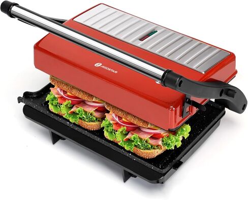 Panini Press Grill, Aigostar 1000W Sandwich Maker with Ceramic Non-stick Plates, Opens 180 Degrees for Any Size Food, 3-in-1 Sandwich Press Electric Grill, Drip Spout & Locking Lid, Red in Saudi Arabia