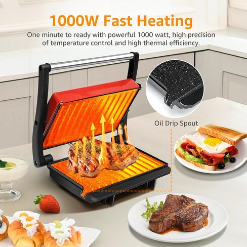 Panini Press Grill, Aigostar 1000W Sandwich Maker with Ceramic Non-stick Plates, Opens 180 Degrees for Any Size Food, 3-in-1 Sandwich Press Electric Grill, Drip Spout & Locking Lid, Red in Saudi Arabia