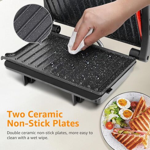 Panini Press Grill, Aigostar 1000W Sandwich Maker with Ceramic Non-stick Plates, Opens 180 Degrees for Any Size Food, 3-in-1 Sandwich Press Electric Grill, Drip Spout & Locking Lid, Red in Saudi Arabia