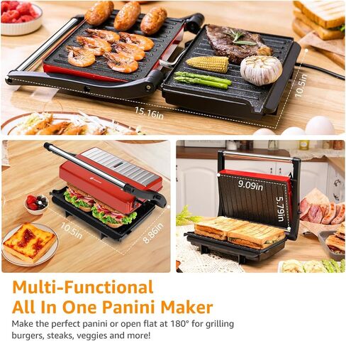 Panini Press Grill, Aigostar 1000W Sandwich Maker with Ceramic Non-stick Plates, Opens 180 Degrees for Any Size Food, 3-in-1 Sandwich Press Electric Grill, Drip Spout & Locking Lid, Red in Saudi Arabia