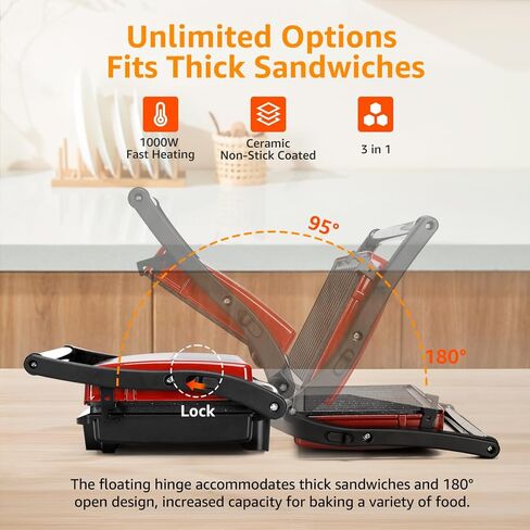 Panini Press Grill, Aigostar 1000W Sandwich Maker with Ceramic Non-stick Plates, Opens 180 Degrees for Any Size Food, 3-in-1 Sandwich Press Electric Grill, Drip Spout & Locking Lid, Red in Saudi Arabia