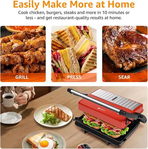 Panini Press Grill, Aigostar 1000W Sandwich Maker with Ceramic Non-stick Plates, Opens 180 Degrees for Any Size Food, 3-in-1 Sandwich Press Electric Grill, Drip Spout & Locking Lid, Red in Saudi Arabia