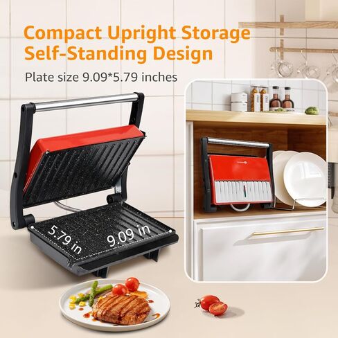 Panini Press Grill, Aigostar 1000W Sandwich Maker with Ceramic Non-stick Plates, Opens 180 Degrees for Any Size Food, 3-in-1 Sandwich Press Electric Grill, Drip Spout & Locking Lid, Red in Saudi Arabia