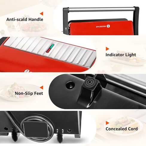 Aigostar 1000W Panini Press Grill with Ceramic Non-stick Plates, Sliver | Opens 180 Degrees for Any Size Food, 3-in-1 Sandwich Press Electric Grill, Drip Spout & Locking Lid in Kuwait