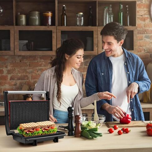 Aigostar 1000W Panini Press Grill with Ceramic Non-stick Plates, Sliver | Opens 180 Degrees for Any Size Food, 3-in-1 Sandwich Press Electric Grill, Drip Spout & Locking Lid in Kuwait