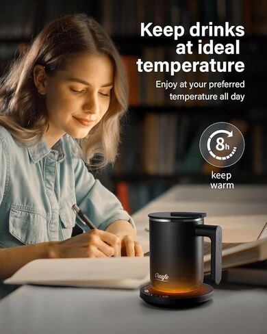 Coffee Mug Warmer & Mug Set, Heated Coffee Warmer for Desk Auto Shut Off, Up to 190℉, Temperature Control Smart Coffee Mug with Lid, 14oz cup, 304 Stainless Steel, Black in Saudi Arabia