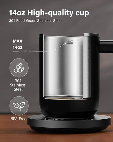 Coffee Mug Warmer & Mug Set, Heated Coffee Warmer for Desk Auto Shut Off, Up to 190℉, Temperature Control Smart Coffee Mug with Lid, 14oz cup, 304 Stainless Steel, Black in Saudi Arabia
