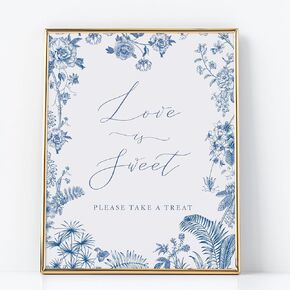 Love is Sweet Wedding Favors Sign, Blue and White Wedding Signs, Chinoiserie Floral Design on Thick Cardstock by Gandy Designs