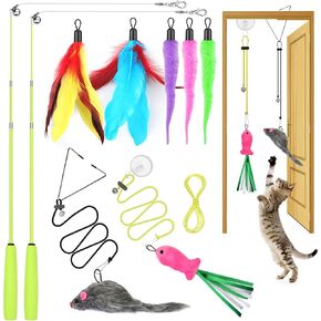 Cat Toys Interactive for Indoor Cats, 2 Retractable Cat Wand Toys, 2 Hanging Door Cat Toy with Mouse Fish, 5 Teaser Toys, Cat Feather Toys for Bored Indoor Adult Cats Kitten Stimulation Exercise Toys