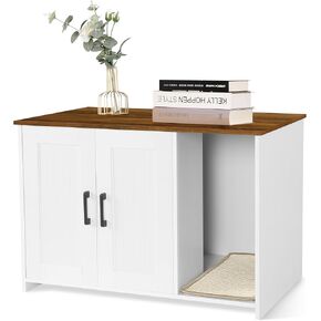 Dwanton Litter Box Enclosure, Cat Litter Box Furniture Hidden, with Scratching Mat, Wooden Cat Washroom Indoor, Fit Most of Litter Box, 31.5" L x 19.7" W x 21.7" H, White+Rustic Brown
