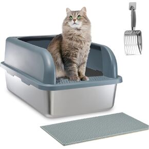 Enclosed Stainless Steel Cat Litter Box, Upgraded XXL Extra Large Litter Box for Big Cats, Metal Litter Box High Sided, Easy Cleaning, Include Litter Scoop (with cat mat)