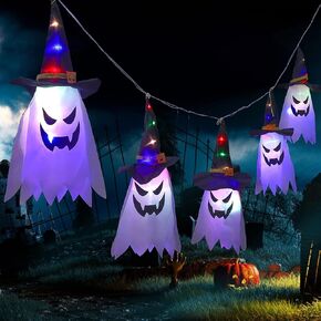 5Pcs Halloween Decorations Outdoor Indoor, Hanging String Colorful Lights Glowing Ghost Witch Hat Halloween Decor, Halloween Lights for Home Tree Garden Yard