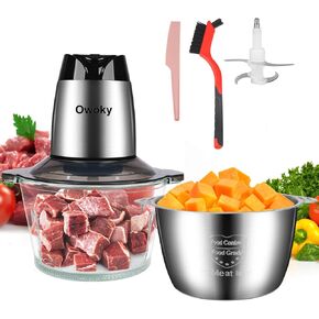 Meat Food Processors Electric, Meat Grinder 2L Stainless Steel Meat Blender Food Chopper for Meat, Onion, Vegetables with Bi-Level Blades, 2 Speed, 500W, 2 Bowls (8 Cup+8 Cup)