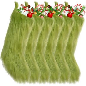 Cunno 6 Pack 18 Inch Personalized Christmas Stocking Green Hanging Cozy Faux Fur Christmas Stocking Treat Bag Candy Pouch Holder for Fireplace Gift Present Xmas Tree Decoration