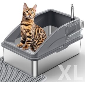 Stainless Steel Cat Litter Box, Extra Large Litter Boxes for Big Cats, XL Metal Cat Litter Box with Lid, Anti-Urine Leakage, Non-Sticky, Include Cat Mat and Litter Scoop