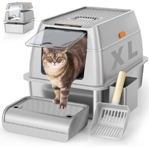 Stainless Steel Cat Litter Box with Lid, XL Extra Large Litter Box for Big Cats, Enclosed Removable Metal Litter Box with High Sided Enclosure & Scoop, Anti-Leakage, Non-Sticky, Easy Cleaning(Grey)