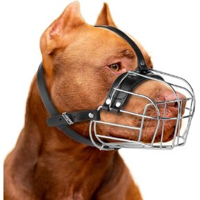 Large Pitbull Muzzle to Prevent Biting - Metal Basket Muzzle for Pitbull with Adjustable Leather Straps - Cage Dog Muzzle for Large Sized Dogs Pitt Bull, Cane Corso, American Bully